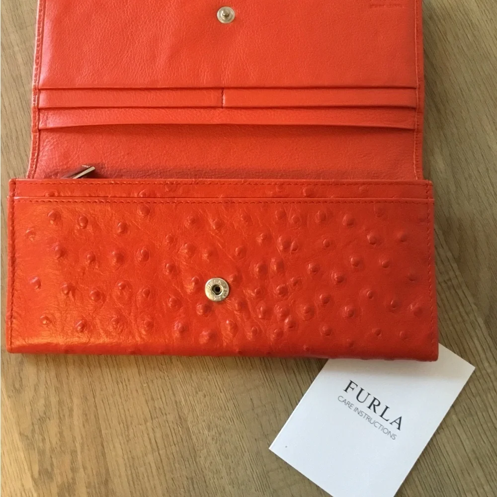 Furla Orange Ostrich-Embossed Leather Babylon Continental Long Wallet (NWOT) - Picture 2 of 5